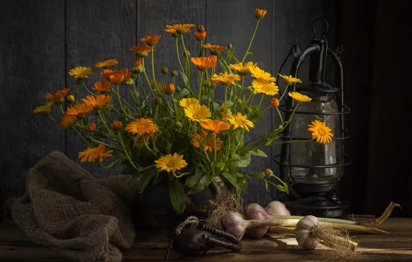 Flowers, table, castle, Board, bouquet, lantern, pot, still life