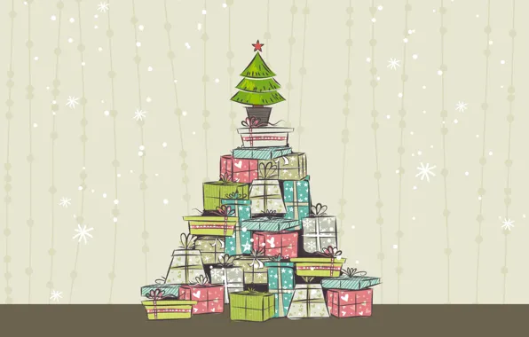 Picture tree, new year, Christmas, vector, gifts, holiday Wallpaper, Christmas illustration