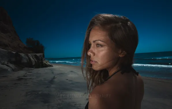 Sand, sea, beach, landscape, model, back, portrait, the evening
