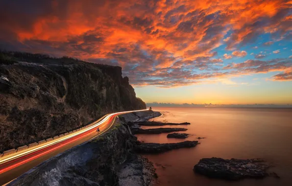 Road, the sky, light, sunset, lights, rocks