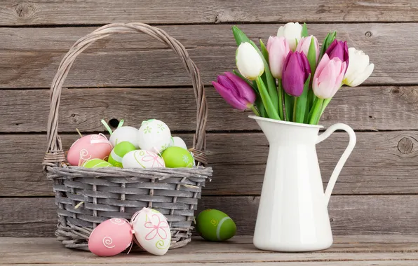 Flowers, eggs, spring, colorful, Easter, wood, pink, flowers