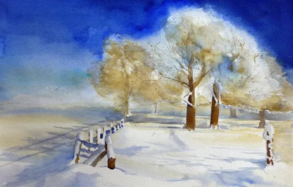 Winter, landscape, watercolor