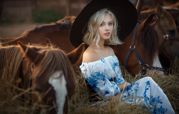 Look, girl, pose, photo, model, horse, dress, hay