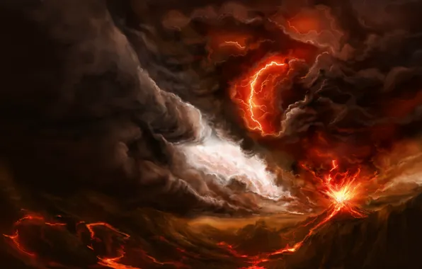 The storm, clouds, fire, lightning, smoke, mountain, storm, the volcano