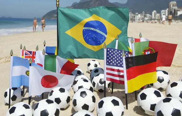 Beach, football, balls, flags, Brazil, football, flag, world Cup