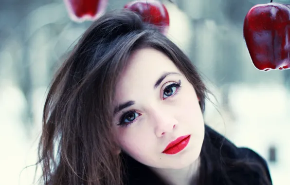 Look, girl, red, apples, makeup, lipstick