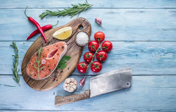 Lemon, fish, knife, Board, pepper, tomatoes, fish, spices
