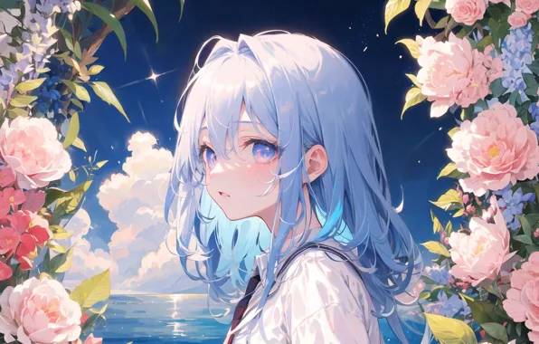 Clouds, horizon, schoolgirl, blue eyes, blue hair, pink roses, white shirt, coast