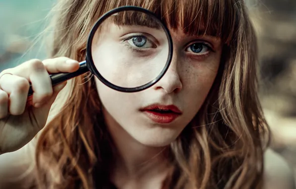 Eyes, look, face, hand, lips, magnifier, uvelichila