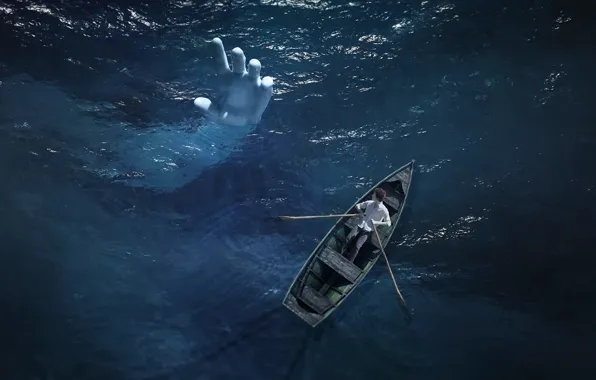 Picture sea, boat, hand