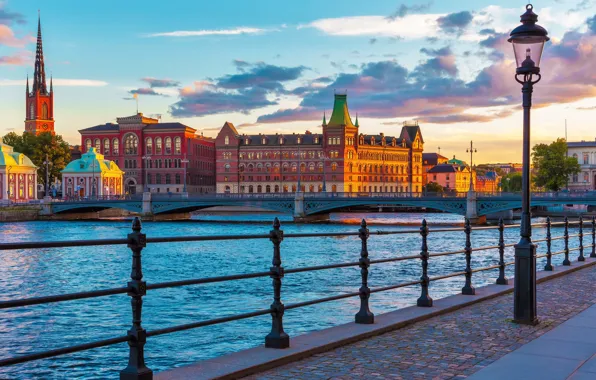 Bridge, river, building, lantern, Stockholm, Sweden, promenade