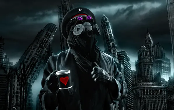 The city, Apocalypse, destruction, Cup, gas mask, captain, the end, romantically apocalyptic