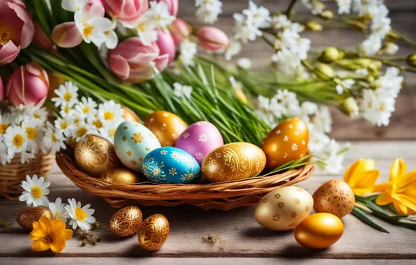 Flowers, eggs, spring, colorful, Easter, flowers, spring, Easter