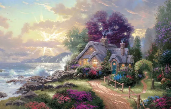 Picture waves, flowers, clouds, rocks, garden, Thomas Kinkade, cottage, path