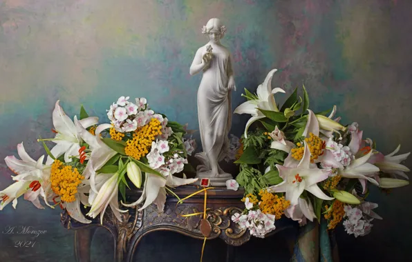 Girl, flowers, style, background, Lily, figurine, still life, Phlox