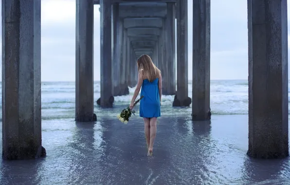Picture sea, girl, flowers, bridge