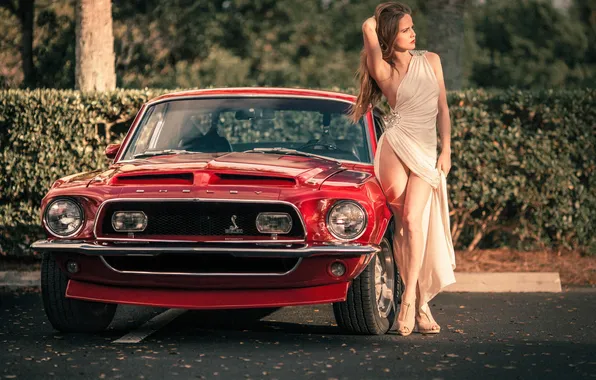 Girl, Mustang, Ford, Model, red, muscle car, muscle car, front