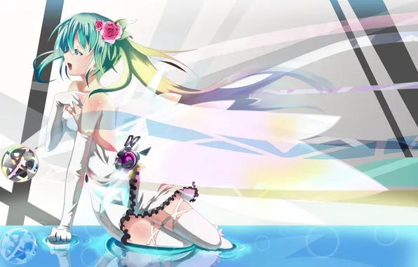 Girl, surface, flowers, abstraction, reflection, vocaloid, hatsune miku, singing