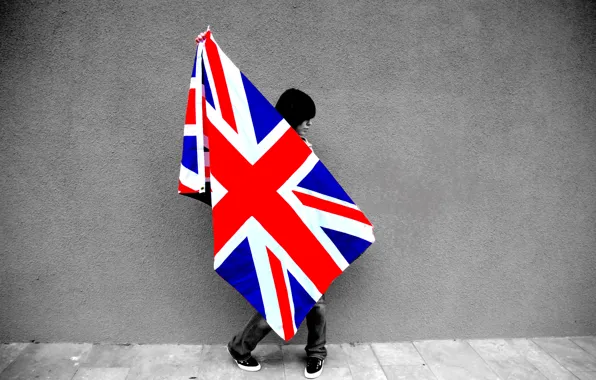 Picture girl, wall, flag, girl, wall, britain flag