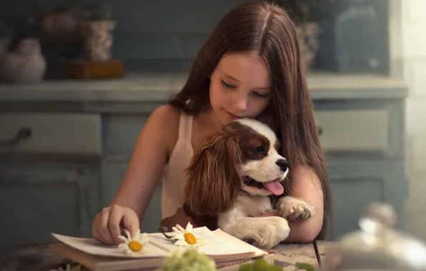 Dog, girl, book