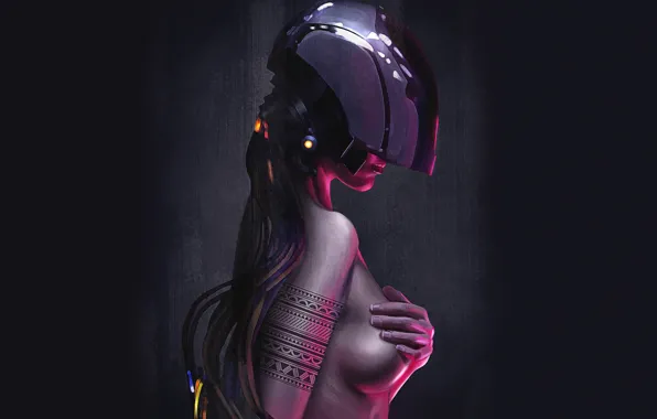 Chest, girl, wire, tattoo, helmet, cyberpunk, cyberpunk