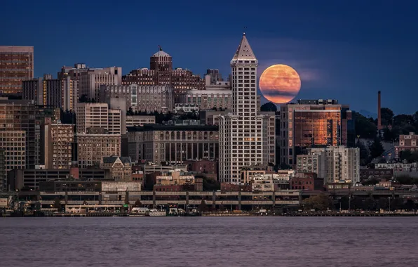 Night, the city, the moon, home, USA, Seattle