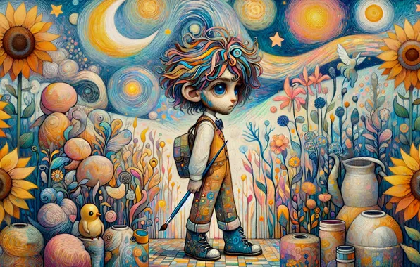 The sky, stars, flowers, the moon, people, plants, styling, artist
