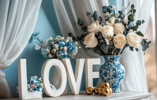 Love, flowers, roses, bouquet, shelf, curtains, vase, AI art