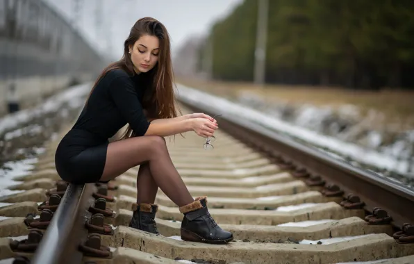 Picture railroad, mini skirt, beautiful girl, railway, charm, beautiful girl, charm, slender legs