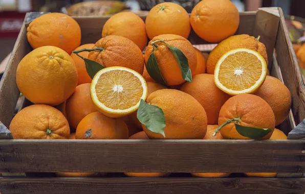 Leaves, oranges, harvest, wooden, fruit, box, citrus, halves
