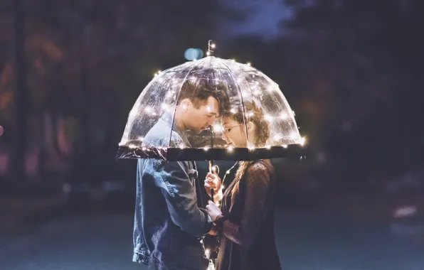 Girl, love, night, lovers, two, the young man, bokeh, under the umbrella