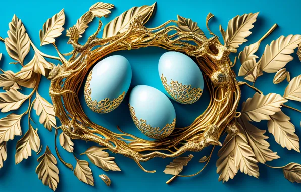 Leaves, branches, gold, holiday, pattern, eggs, spring, blue
