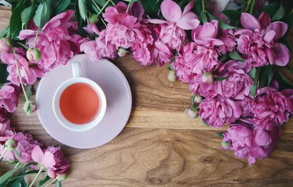 Flowers, pink, wood, pink, flowers, cup, peonies, tea