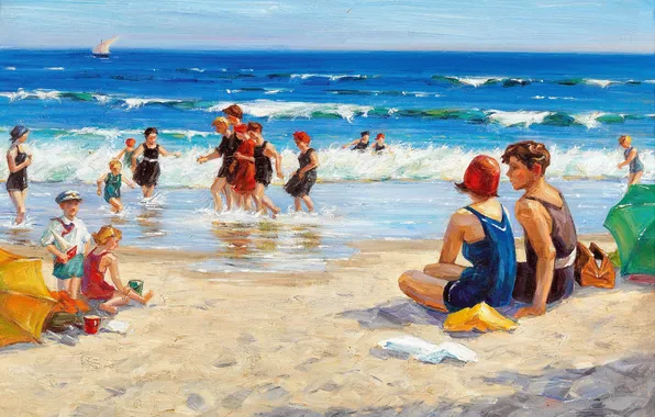 Sea, Beach, Wave, Children, People, Picture, On the beach, Hungarian artist