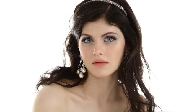 Decoration, portrait, actress, brunette, hairstyle, white background, Alexandra Daddario, Alexandra Daddario