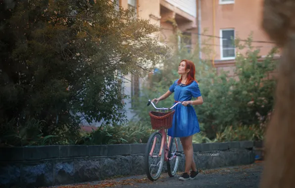 Picture girl, bike, dress, red, basket, redhead, patio, Alexander Drobkov-Light