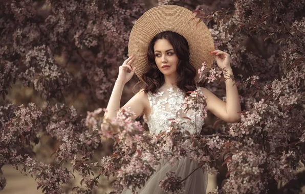 Picture girl, branches, pose, style, tree, mood, spring, hat