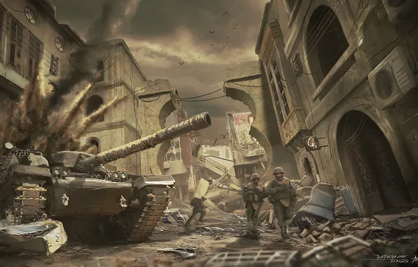 The city, war, soldiers, tank
