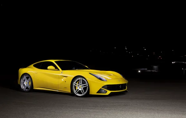 Night, yellow, ferrari, Ferrari, front view, yellow, tinted, F12 berlinetta