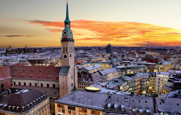 The sky, sunset, the city, watch, building, tower, home, Germany