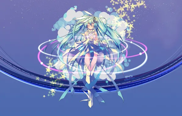Circles, vocaloid, Hatsune Miku, white dress, stars, Vocaloid, blue background, he closed his eyes