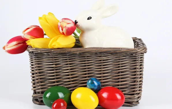Flowers, eggs, spring, rabbit, Easter, tulips, spring, Easter