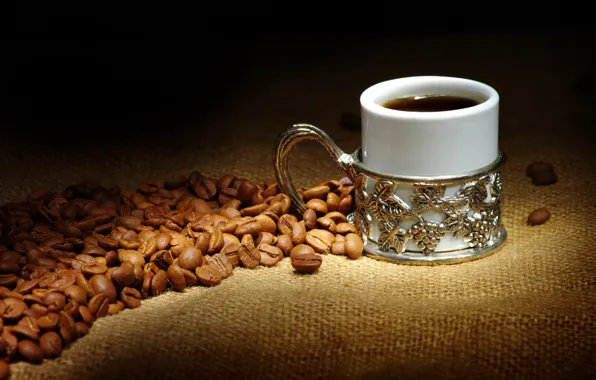 Picture coffee, mug, coffee beans, burlap