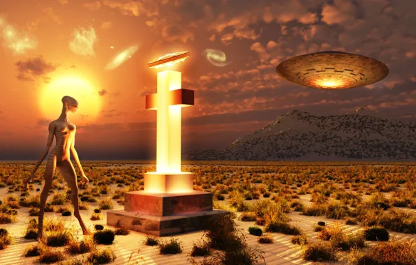 Sand, the sky, grass, clouds, mountains, desert, cross, alien