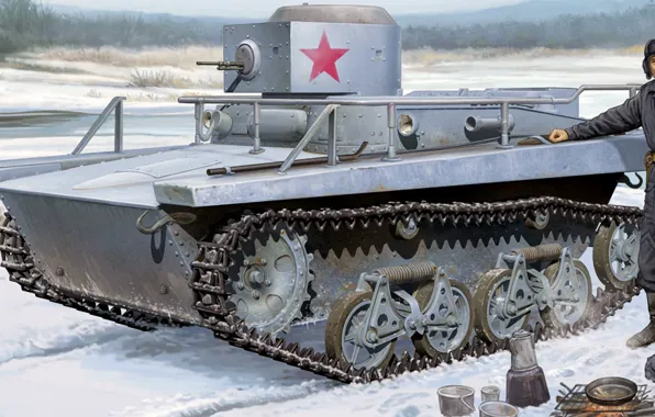 Snow, figure, art, The red army, halt, T-37A, the rest of the Soviet tankers, type …