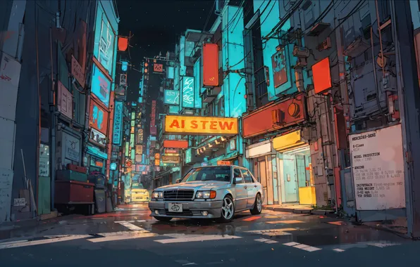Picture car, city, mercedes, buildings, and art