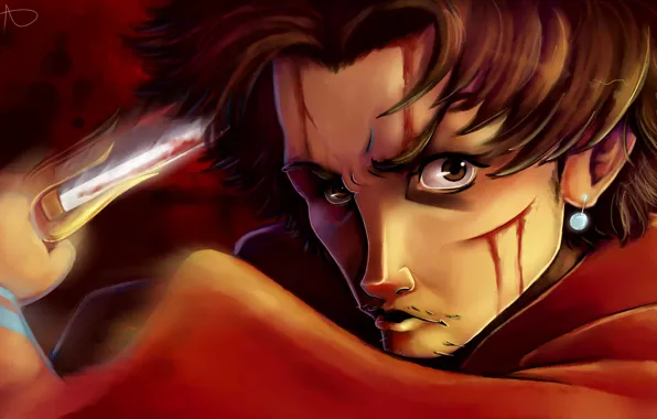 Picture look, blood, sword, anime, art, scratches, guy, beads