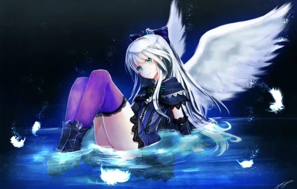Picture water, girl, smile, wings, anime, feathers, art, quiz rpg world of mystic wiz