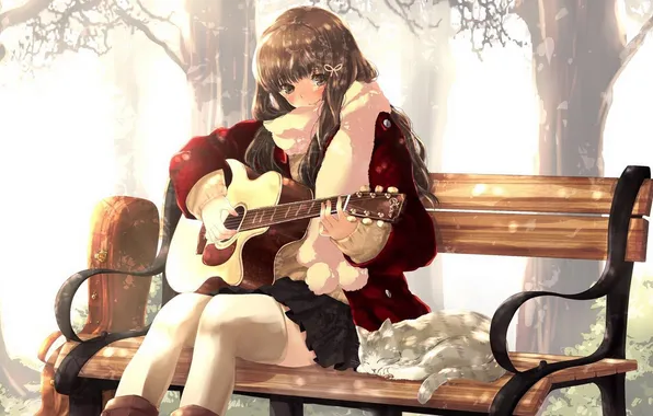 Cat, guitar, anime, art, girl
