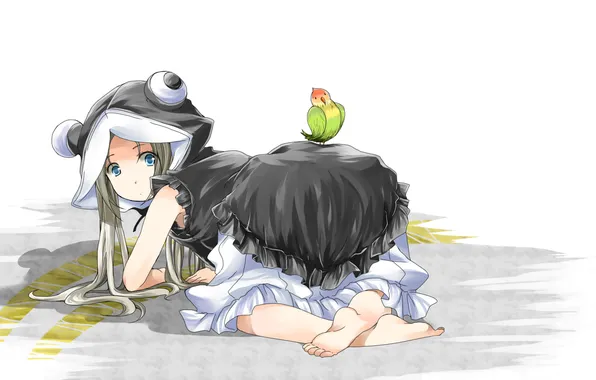 Girl, bird, anime, art, parrot, hood, robotics;notes, Airi